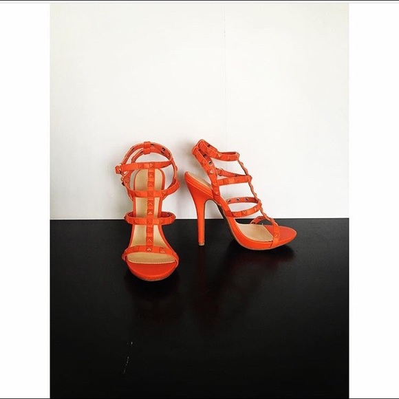 Wild Diva Shoes - Orange studded caged heels